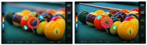 A clockwise two-finger gesture on the camera's Playback Screen opens the aperture to a maximum of f1; the opposite counter clockwise gesture tightens the Virtual Aperture to f16. (Photo: Business Wire)