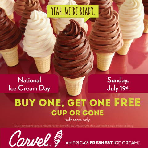 On Sunday, July 19, Carvel is celebrating National Ice Cream Day by treating guests to a buy one get one free offer on any size, any flavor soft-serve cones all day long. (Graphic: Business Wire)