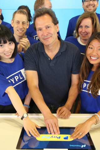 PayPal President and CEO Dan Schulman joins employees and customers to push the iconic PayPal button to ring the bell at Nasdaq this morning. PayPal today became an independent publicly-traded company on the exchange with the ticker symbol PYPL. (Source: Nasdaq)