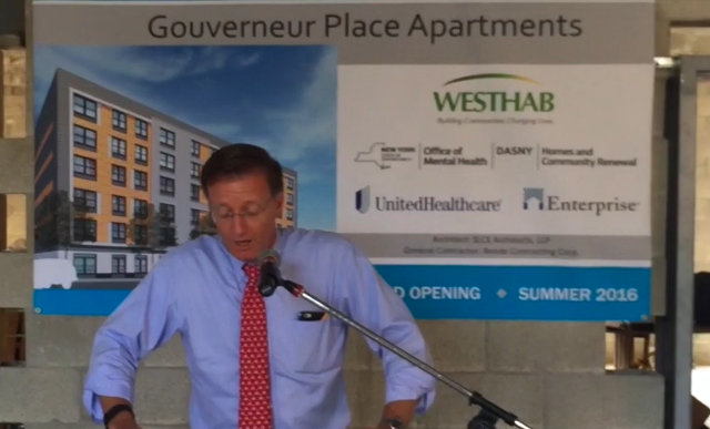 Remarks by Michael McGuire CEO, UnitedHealthcare of New York, at hard hat tour for Gouverneur Place Apartments in the Bronx (Video: Kevin Herglotz).