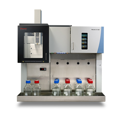 Listed with the FDA as a Class I medical device for general clinical use, the Thermo Scientific Prelude LX-4 MD HPLC quadruples the productivity of a single-channel HPLC using four parallel channels that deliver up to four separations in a single instrument, which streamlines LC-MS workflows and reduces idle time of a mass spectrometer. The four channels can run identical or different LC-MS assays simultaneously, which provides flexibility for varying clinical separations and maximizes their mass spectrometry’s utilization. (Photo: Business Wire)