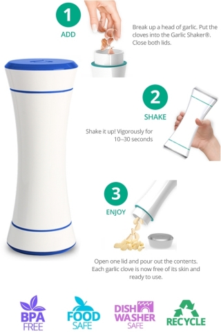 The Garlic Shaker works for peeling garlic by using three simple steps. Put the garlic cloves into Garlic Shaker and close both lids. Shake it up! Open one lid and pour out the peeled garlic. It's ready to use. (Photo: Business Wire)