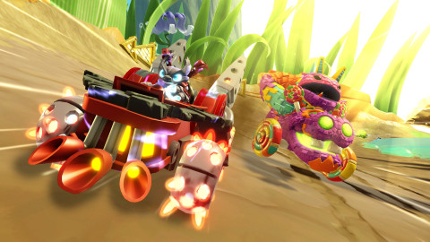 SuperCharged Spitfire in his vehicle Hot Streak leaves Pain-Yatta in the dust as he races against the villain in multiplayer mode in Skylanders SuperChargers, available on September 20 in North America. (Graphic: Business Wire)
