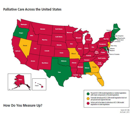 Oregon progressed to green in the palliative care category with legislation passed this year that was recently signed into law by Governor Brown. Palliative care is essential to the goal of helping cancer patients and their families cope with diagnosis and treatment. (Graphic: Business Wire)