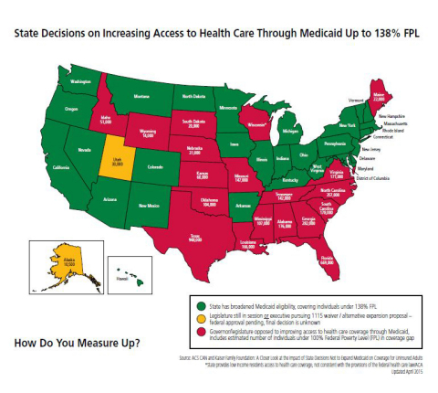 Access to affordable, quality health insurance is critical to beating cancer. Governor Bill Walker's announcement he will increase access to health coverage for thousands more Alaska residents will save lives and long-term health care dollars in the state and make Alaska green in ACS CAN's next How Do You Measure Up? report. (Graphic: Business Wire)