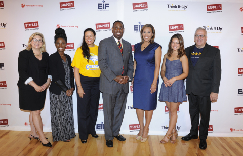 Actress Danielle Campbell, second from right, poses with from left, Carrie McElwee, Kristina Joye Lyles, Meria Carstarphen, Ed.D, Principal Mario Watkins, Jovita Moore, and Tom Chido, at the Staples "Think It Up" press conference at Ralph J. Bunche Middle School, held on Thursday, August 6, 2015, in Atlanta. Staples continued its commitment to education by flash funding 202 local classroom projects in Atlanta, as part of its $10 million pledge to Think it Up™, a new national initiative of the Entertainment Industry Foundation in partnership with DonorsChoose.org. (Photo by John Amis/Invision for Staples/AP Images)