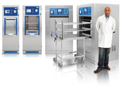 The Lancer selection of steam sterilizers is available in four sizes with single door or pass-through configurations, only 74" high. Shown with optional transfer trolley and load cart. (Photo: Business Wire)