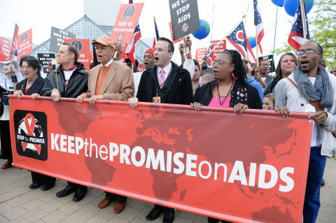 (L to R) Nickie Antonio, Michael Weinstein, Julian Bond, Jamie Scott Moore, Elaine Henderson and Andrew Neal Jr. seen at the AIDS Healthcare Foundation's "Keep The Promise On AIDS" March and Rally, on Saturday, May 11, 2013 in Cleveland, Ohio. (Jason Miller /AP Images for AIDS Healthcare Foundation)