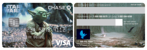 Chase's new double-sided Disney Visa Credit Card Designs Feature Classic STAR WARS Characters: Yoda (pictured), Darth Vader and R2-D2 with C-3PO (Graphic: Business Wire)