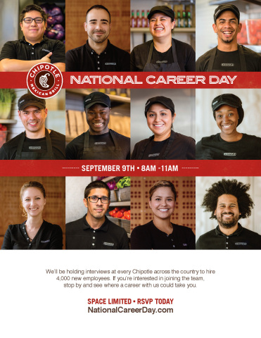 Chipotle to hire 4,000 people in a single day at first-ever National Career Day on September 9. (Graphic: Business Wire)