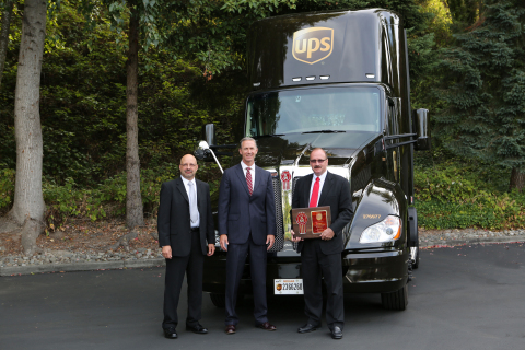 From left to right:  Ray Lehrman, Fleet Supervisor — UPS Seattle; Preston Feight, Kenworth General Manager and PACCAR Vice President; and Robert Filosa, UPS West Region Automotive Coordinator in Anaheim, Calif. An award ceremony recognized the milestone 50,000th PACCAR MX series engine installed in a Kenworth truck. The PACCAR MX-13 engine resides in a new, fuel-efficient Kenworth T680 Day Cab that will serve UPS operations in the Seattle area. The presentation occurred during a special ceremony today at Kenworth headquarters in Kirkland, Wash. (Photo: Business Wire)