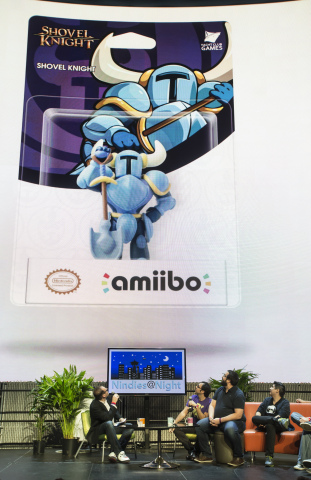 In this photo provided by Nintendo of America, Yacht Club Games reveals their Shovel Knight amiibo during Nindies@Night, an exclusive Nintendo event at EMP Museum in Seattle on Aug. 27, 2015. The free event featured a presentation from “Nindie” developers, many different playable games for Wii U and Nintendo 3DS, multiplayer competitions and giveaways.