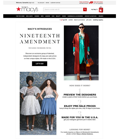 Macy’s launches exclusive alliance with Nineteenth Amendment, giving customers the opportunity to discover and support independent designers. (Graphic: Business Wire)