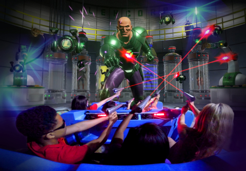 A dramatic fight as the JUSTICE LEAGUE Reserve Team travels through laughing gas and flames in 10 high-intensity scenes. (Photo: Six Flags Great America)