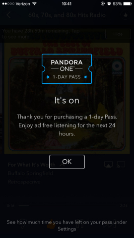 The Pandora One Day Pass confirmation of purchase page
(Graphic: Business Wire)