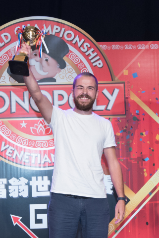 Nicolò Falcone of Venice, Italy celebrates his win at the 2015 MONOPOLY World Championship at The Venetian Macao, China, Tuesday, September 8, 2015. Falcone defeated several top MONOPOLY players during the tournament to win the champion title and grand prize of $20,580, the equivalent of the “bank” in a standard MONOPOLY game. (FM Event Limited for Hasbro)