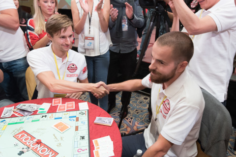 Nicolò Falcone of Venice, Italy shakes hands with former MONOPOLY World Champion Bjørn Halvard Knappskog of Norway upon winning the 2015 MONOPOLY World Championship at The Venetian Macao, China, Tuesday September 8, 2015. Falcone defeated several top MONOPOLY players to win the title and grand prize of $20,580, the equivalent of the “bank” in a standard MONOPOLY game. (FM Event Limited for Hasbro)