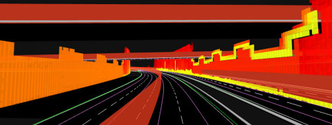 This is an image of TomTom's RoadDNA. The red, orange and yellow colors on both the sides of the road represent and objects such as street lights, signs, guardrails, lane dividers, etc. (Graphic: Business Wire)