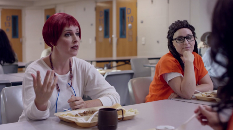 Jessica Sorenson plays her prison version of the clones, Katja and Cosima, from the parody short film, "Orphan is the New Orange." (Photo: Business Wire)