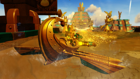 Golden Queen, unlockable only with the Skylanders SuperChargers Sea Racing Action Pack available this Sunday, is firing her golden scarabs from her signature golden vehicle. (Photo: Business Wire)