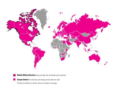T-Mobile Simple Global Coverage Map where customers get unlimited data and text at no extra charge. (Graphic: Business Wire)