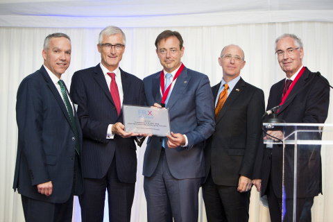 From left to right, Marc A. Lebel, President & CEO of FRX Polymers, Flemish Minister President Geert Bourgeois, Antwerp Mayor Bart De Wever, US Embassy Chargé d’Affaires Mark Storella, Rob DeVisser, Chairman of the Board - FRX Polymers, attended the inauguration of the FRX Polymers Plant in Antwerp, Belgium. Nofia® Flame Retardant, a US Environmental Protection Agency Merit Award Winning Polymer, is Produced at the Plant. (Photo: Business Wire).
