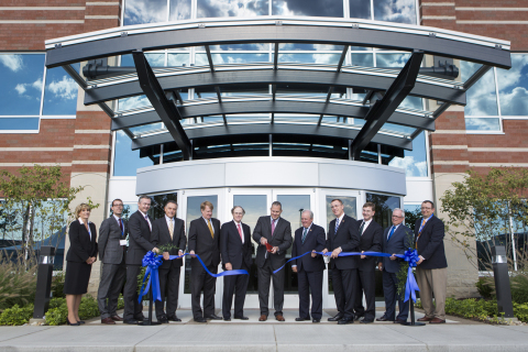 Calgon Carbon Corporation, located in Moon Township, PA, celebrated the opening of its new global headquarters at an official ribbon-cutting ceremony held Monday, September 21. Pictured from left to right: Dawn Lane, Moon Township Manager; Lance Chimka, Governor Wolf's Office; Matt Smith, Pittsburgh Chamber of Commerce President; Sam DiCicco - DiCicco Development President; Rich Fitzgerald, Allegheny County Executive; Bill Newlin - Calgon Carbon Board of Directors; Randy Dearth - Calgon Carbon Chairman, President, and CEO; U.S. Congressman Mike Doyle; U.S. Congressman Tim Murphy; U.S. Congressman Keith Rothfus; PA State Representative Mark Mustio; Keith Wehner - Office of PA State Senator Wayne Fontana (Photo: Joseph W. Brown)