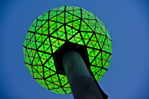 The Times Square Ball lit by Philips's LED technology turns green in support of Climate Week NYC. (Photo: Business Wire)