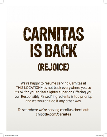 Chipotle announces Carnitas returns to 90 percent of Chipotle restaurants. (Graphic: Business Wire)