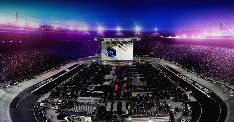 Shown is a concept depicting Bristol Motor Speedway’s new Colossus video display. Featuring four custom-built screens each measuring 30 feet tall by 63 feet wide, Colossus will be the world’s largest outdoor, center-hung video display. (Photo: Business Wire)