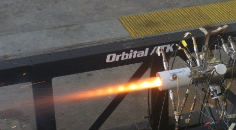 Orbital ATK conducts a live air-breathing solid rocket motor test in its new Ramjet Test Facility at the Allegany Ballistics Laboratory (ABL) in Rocket Center, West Virginia. This test simulated flight conditions of Mach 3.5 at 50,000 feet for a 5-inch ramjet assisted projectile. (Photo: Business Wire)