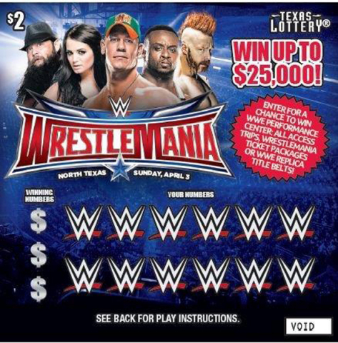 WWE and the Texas Lottery today announced a partnership around WWE's pop-culture extravaganza, WrestleMania 32, making a WrestleMania scratch ticket game available starting Monday, November 16, with revenue supporting Texas public schools. (Graphic: Business Wire)