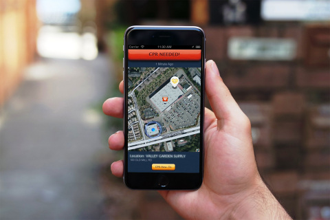 This PulsePoint mobile app alerts users when a sudden cardiac arrest occurs in a nearby public place, directs them to the patient location and provides CPR guidance while paramedic units are en route to the call. The app also notifies users of the closest available Automated External Defibrillator (AED). (Graphic: Business Wire)