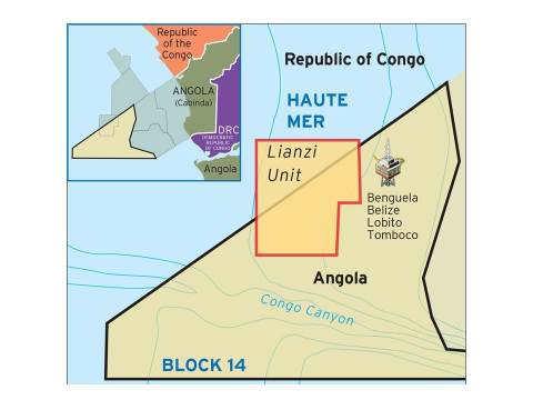 The Lianzi Field is located 65 miles (105 km) offshore in a unitized zone between the Republic of Congo and the Republic of Angola, and is expected to produce an average of 40,000 barrels of crude oil per day. (Graphic: Business Wire)