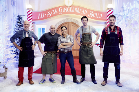 Food Network and HGTV stars go head-to-head in the friendly holiday competition "All-Star Gingerbread Build," simulcast on Food Network and HGTV Saturday, November 28 at 8|7c. L to R: Ron Ben-Israel, Duff Goldman, Egypt Sherrod, Drew Scott and Jonathan Scott. (Photo: Business Wire)