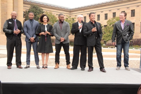 (L-R) Philadelphia Mayor Michael A. Nutter, Michael B. Jordan, Tessa Thompson, Ryan Coogler, Irwin Winkler, Sylvester Stallone and Vince Papale at the Philadelphia Museum of Art for CREED Day proclamation. (Photo: Business Wire)