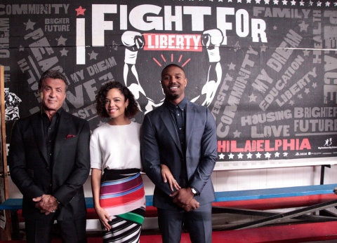 (L-R) CREED stars Sylvester Stallone, Tessa Thompson and Michael B. Jordan at Philadelphia's Front Street Gym (Photo: Business Wire)