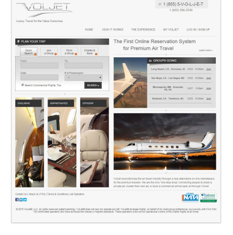 The new VolJet.com luxury travel website features the first online reservation system where you can charter a private jet or book a commercial airline seat all-in-one. (Graphic: Business Wire)