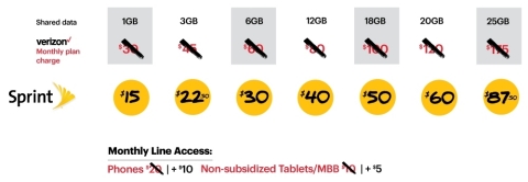 Example: Verizon customers paying $80 for 12GB of data will pay $40 for 12GB if they switch to Sprint, and they will save 50 percent on the access fee, too. (Graphic: Business Wire)
