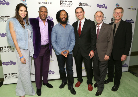 LOS ANGELES, CA - NOVEMBER 11: Hope Dworaczyk, Robert Smith, Ziggy Marley, Chair of Global Wildlife Conservation Brian Sheth, President of The Recording Academy Neil Portnow and Executive Director of the GRAMMY Museum Bob Santelli attend Earth in Concert at Club Nokia on November 11, 2015 in Los Angeles, California. (Photo by Rebecca Sapp/WireImage)