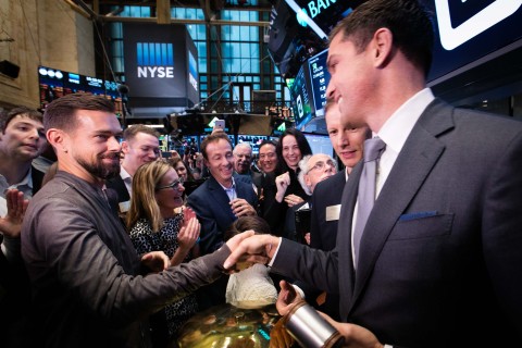 NYSE President Tom Farley congratulates Square CEO Jack Dorsey as Square's IPO opens for trading on the NYSE.  (Photo: NYSE)