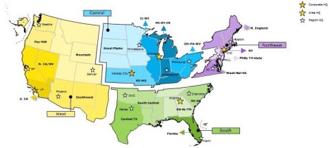 Sprint restructures the company into four geographic areas – West, Central, Northeast and South (Graphic: Business Wire)