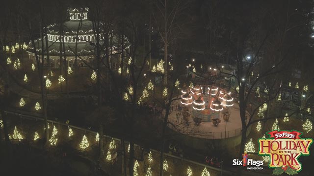 Take an aerial view high above the more than one million LED lights, 24 thrilling rides and 13 themed section of Holiday in the Park at Six Flags Over Georgia. Holiday in the Park is open select days from November 21 through January 3. 