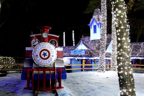 All aboard the North Pole Express, which travels through the wonders of Holiday in the Park at Six Flags Over Georgia and more than 140,000 lights. Santa Clause is waiting at the North Pole for each guests' holiday wish list, on select nights through December 23. (Photo: Six Flags Over Georgia)