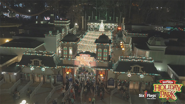 (Twitter Social Media Video) Holiday in the Park @sfovergeorgia opens w/ more than 1 million LED lights, 24 world-class rides, artificial snow & 13 holiday themed sections. #NothingMerrier