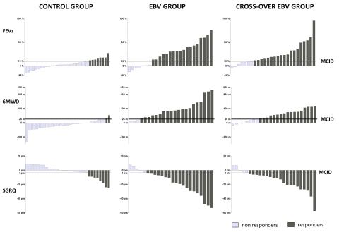 Responder Rates in Control Group, EBV Group and Cross-Over Group Among Patients Who Completed the Study. EBV denotes endobronchial valve. One bar represents a patient. Light-grey colored bars represent the patients who were not reaching the minimal clinically important difference (MCID). Dark-grey colored bars represent the patients who did reach the MCID. FEV1: forced expiratory flow in 1-second; 6MWD: 6 minute walk test distance; SGRQ: St. George’s Respiratory Questionnaire, a measurement of quality of life. The New England Journal of Medicine ©2015 (Graphic: Business Wire)