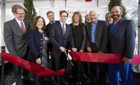 Stanford Health Care celebrates a major milestone on December 10, 2015 with the Ribbon Cutting Ceremony for the Stanford Neuroscience Health Center. The new facility is scheduled to open for patient care in January 2016. Pictured left to right: Dean Lloyd B. Minor, MD, Dean, Stanford University School of Medicine; Linda Kresge, Administrative Director, Stanford Neuroscience Health Center; Frank Longo, MD, Chair of Neuroscience, Stanford Medicine; Amir Dan Rubin, President and CEO, Stanford Health Care; Alison Kerr, Vice President, Neuroscience Service Line and Psychiatry & Behavioral Sciences and Operations, Stanford Health Care; Jerry Hill, California State Senator; Greg Schmid, Vice Mayor, Palo Alto City Council; Sanjiv Sam Gambhir, MD, PhD, Chair of Radiology, Stanford Medicine; Gary Steinberg, MD, Chair of Neurosurgery, Stanford Medicine. (Photo: Business Wire)