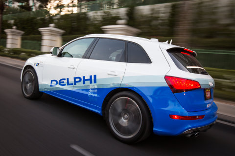 Last year, Delphi's automated car drove itself across the country. In January at CES, Delphi will demonstrate the next step in something it is calling V2Everything. Delphi's car will "talk" to other cars, pedestrians, cyclists crossing the street, traffic lights and signs, parking garages, coffee shops and burger joints. (Photo: Business Wire)