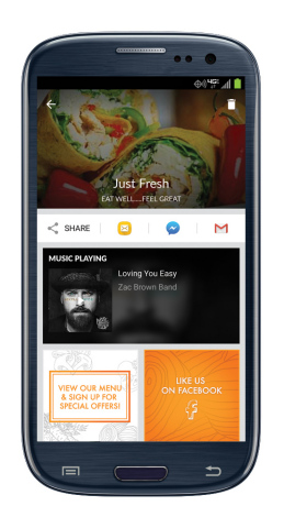 When customers Shazam Mood's custom music at Just Fresh, they receive a custom branded result. (Graphic: Business Wire)