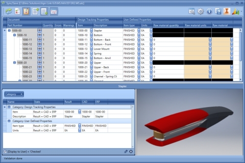 The Agni Link Dashboard simultaneously displays tree view of the Bill of Materials being integrated, as well as a component pane that gives a more detailed view of the component data, including a thumbnail image that can be updated in the ERP system.
(Graphic: Business Wire)
